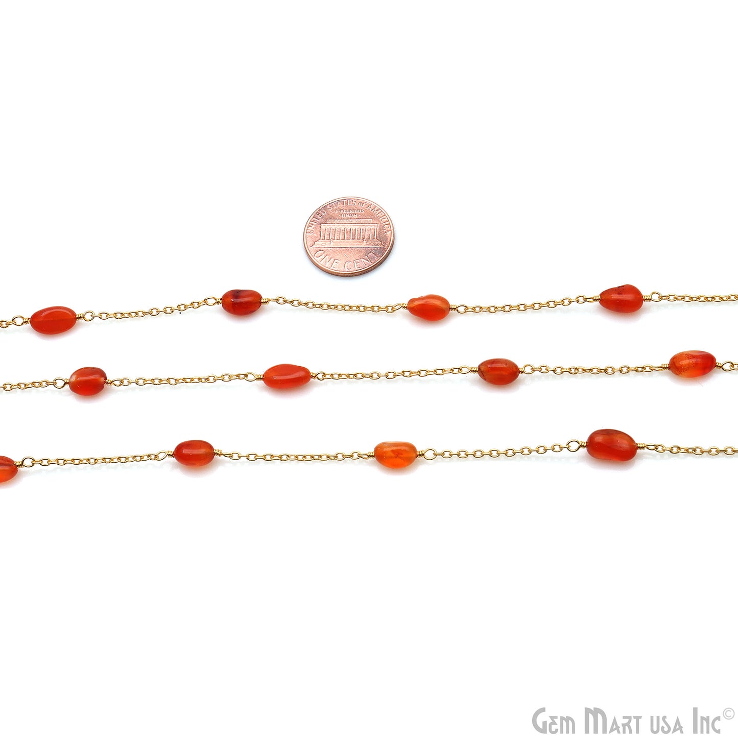 Carnelian Tumble Beads 10x6mm Gold Wire Wrapped Rosary Chain