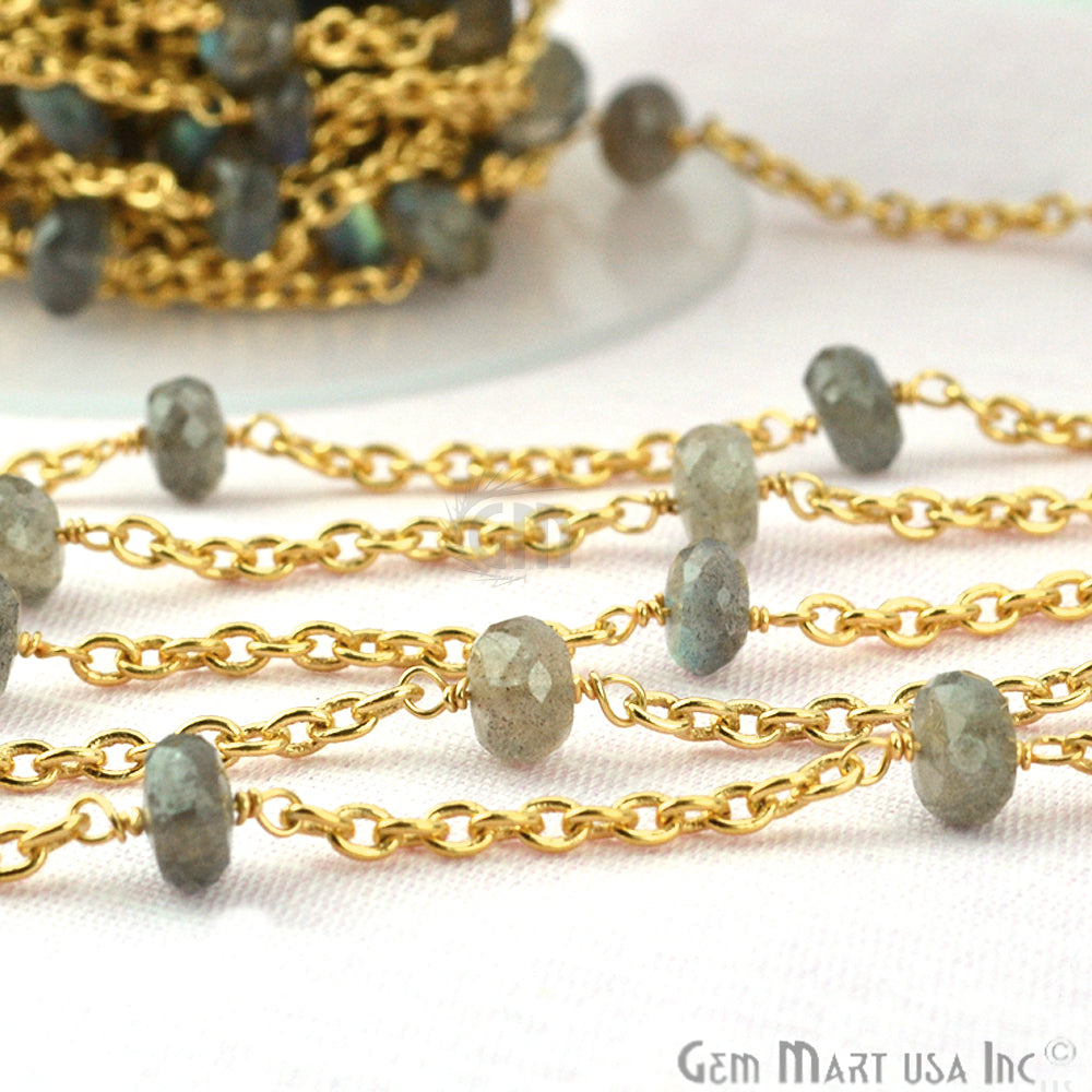 Labradorite Rondelle 7-8mm Gold Plated Wire Wrapped Beads Rosary Chain (763879424047)