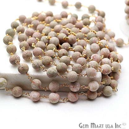 Unakite Frosted Gold Plated Wire Wrap Round Bead Jewelry Making Rosary Chain