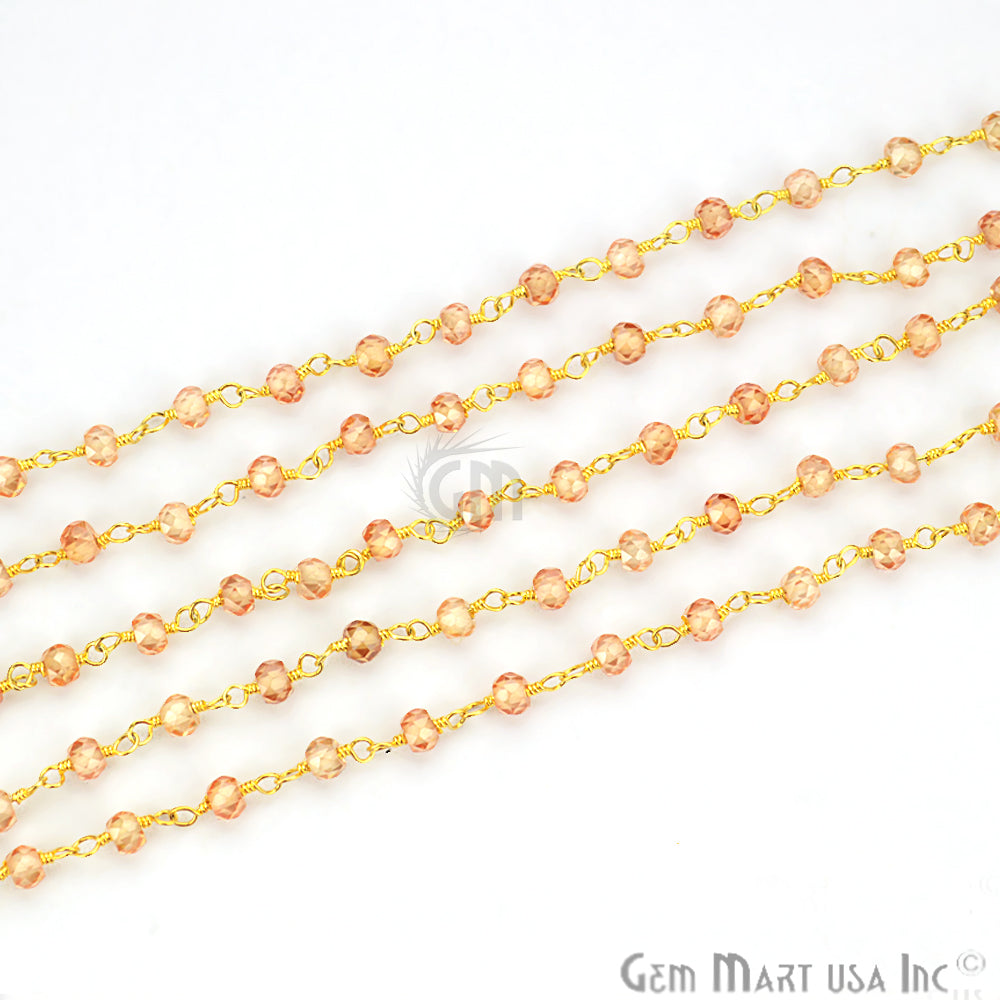 Brown Zircon Faceted 2.5-3mm Gold Plated Wire Wrapped Beads Rosary Chain