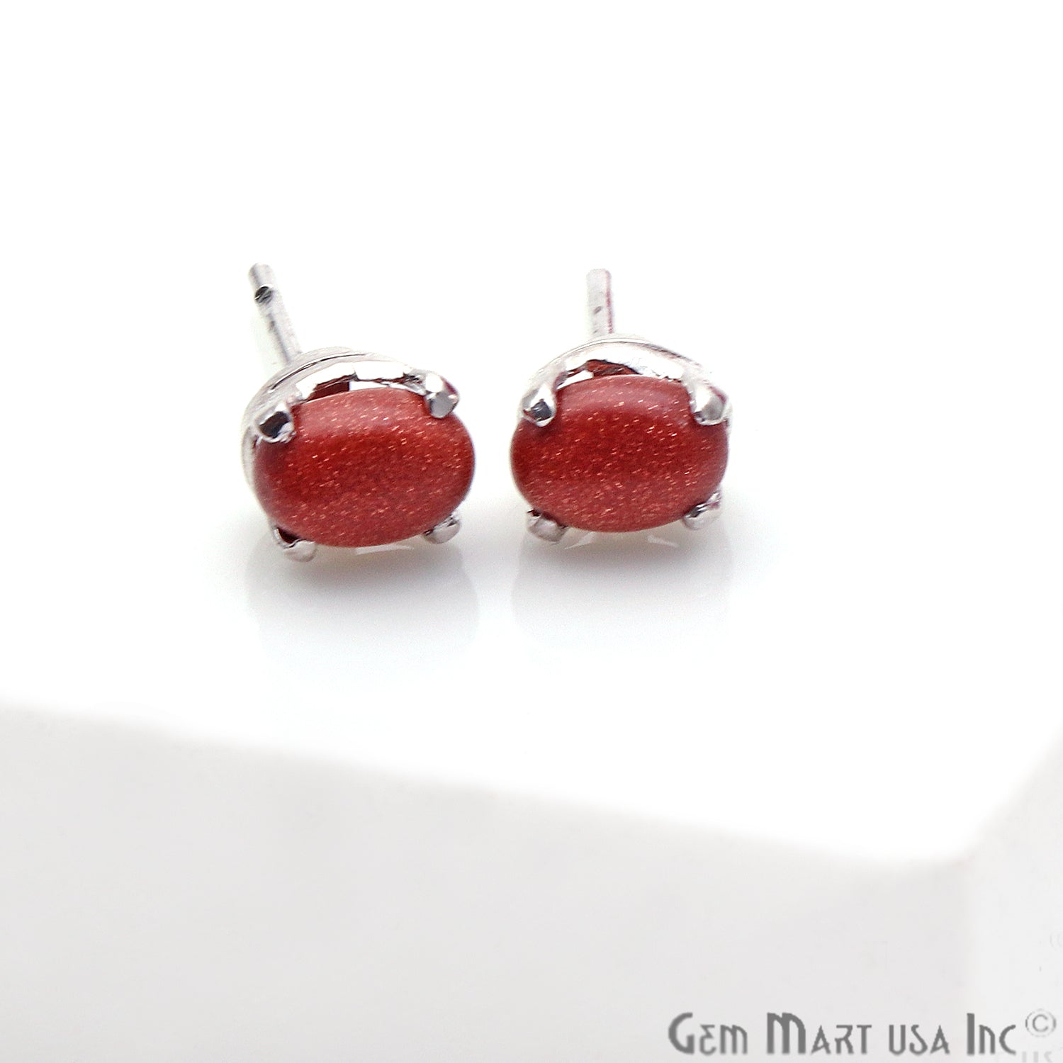 Sunstone 6x4mm Sterling Silver Oval Shape Prong Setting Stud Earring - GemMartUSA