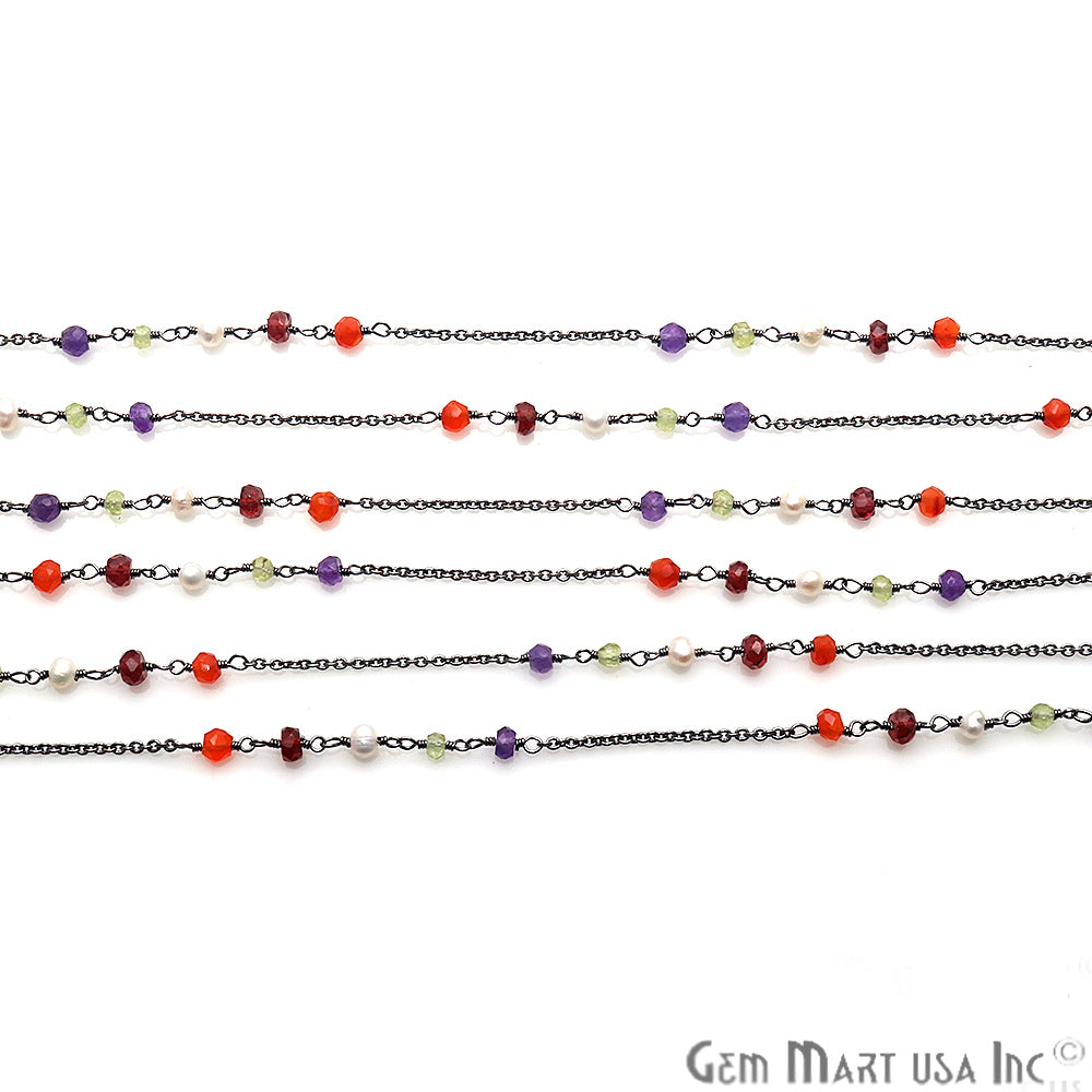 Multi Stone & Pearl Gemstone Beaded Oxidized Wire Wrapped Rosary Chain