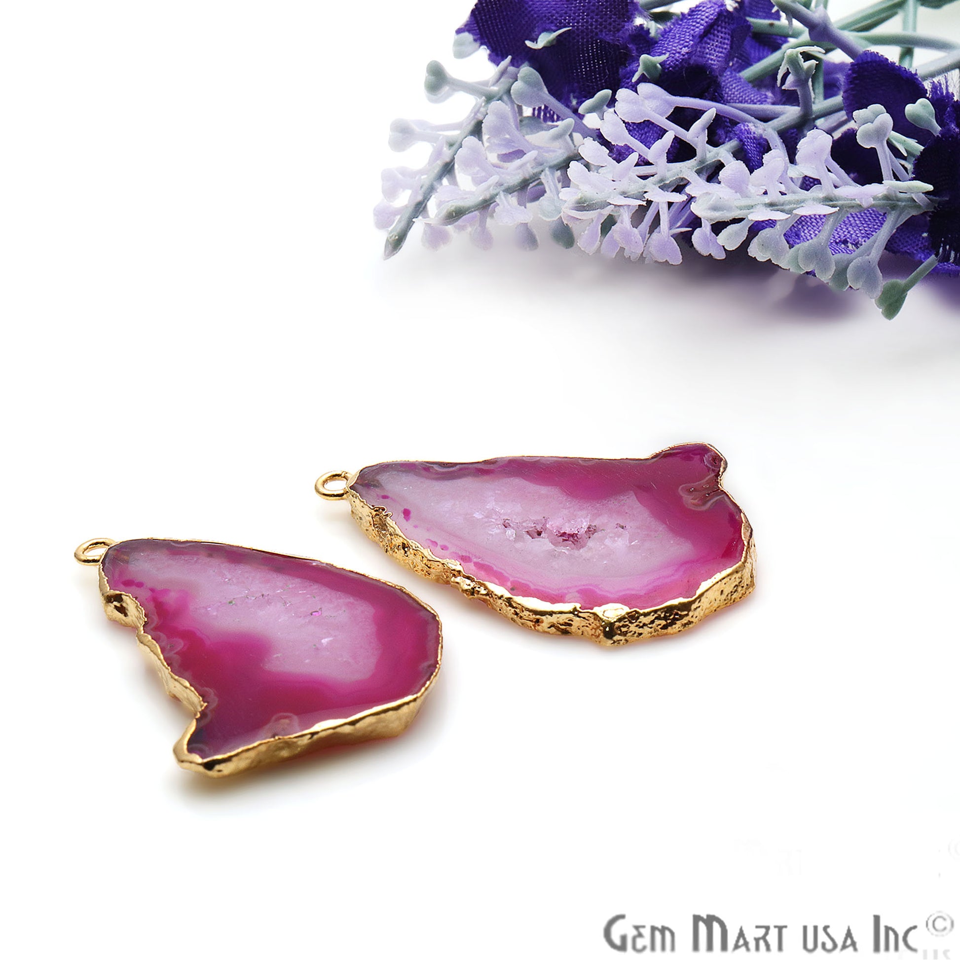 Agate Slice 38x26mm Organic Gold Electroplated Gemstone Earring Connector 1 Pair - GemMartUSA