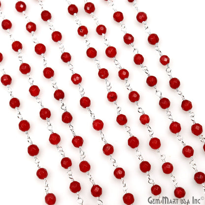 Red Jade Faceted Beads 4mm Silver Plated Wire Wrapped Rosary Chain