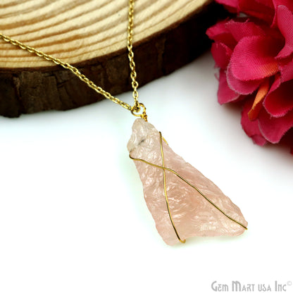 Rose Quartz Rough Gemstone 34x10mm Wire Wrapped Necklace Pendant