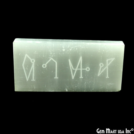 Selenite Rectangle Plate Shape 79x38mm Engraved Symbols Reiki Healing Meditation Gemstones