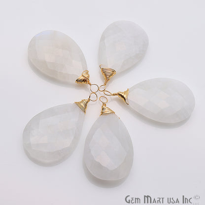 Rainbow Moonstone Pear 38x20mm Gold Wire Wrapped Gemstone Connector - GemMartUSA