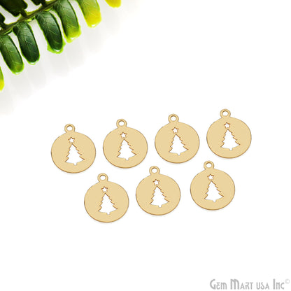 Christmas Tree Round Shape Laser Finding Gold Plated 13x16mm Charm For Bracelets & Pendants