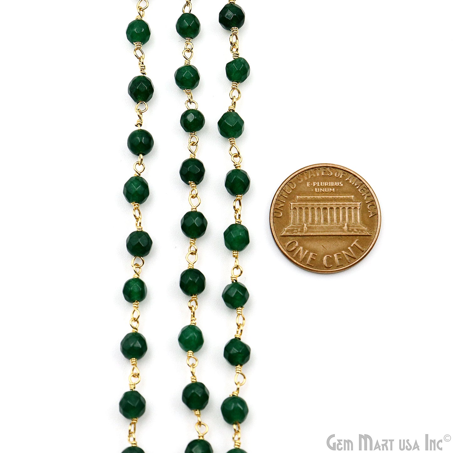 Green Jade Faceted Round 4mm Beads Gold Plated Wire Wrapped Rosary Chain