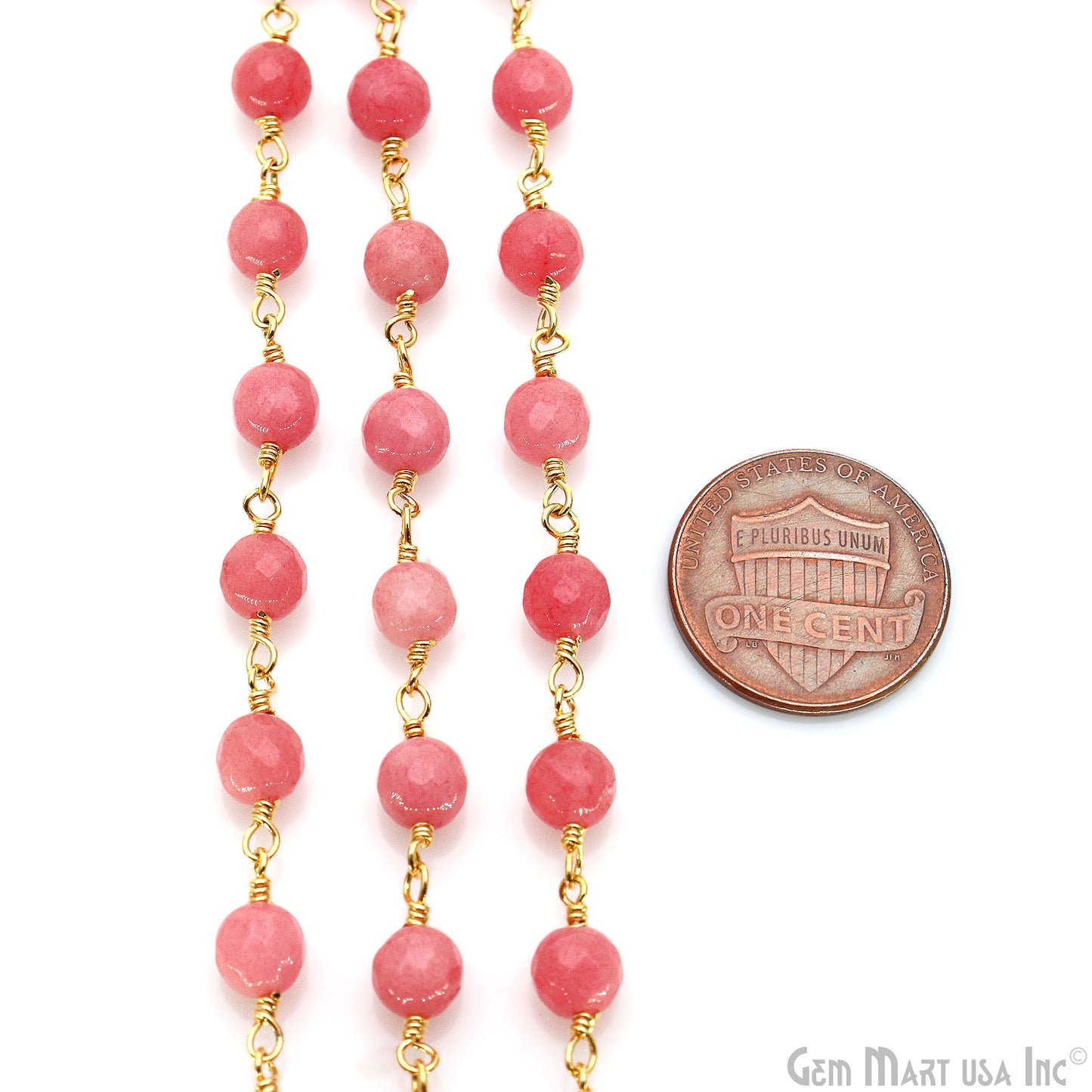 Pink Sunstone jade 6mm Beads Gold Plated Wire Wrapped Rosary Chain (763663515695)