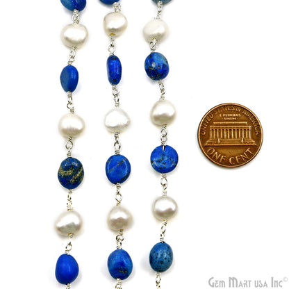 Lapis Tumble Beads 8x5mm & Pearl 7-8mm Beads Silver Plated Rosary Chain