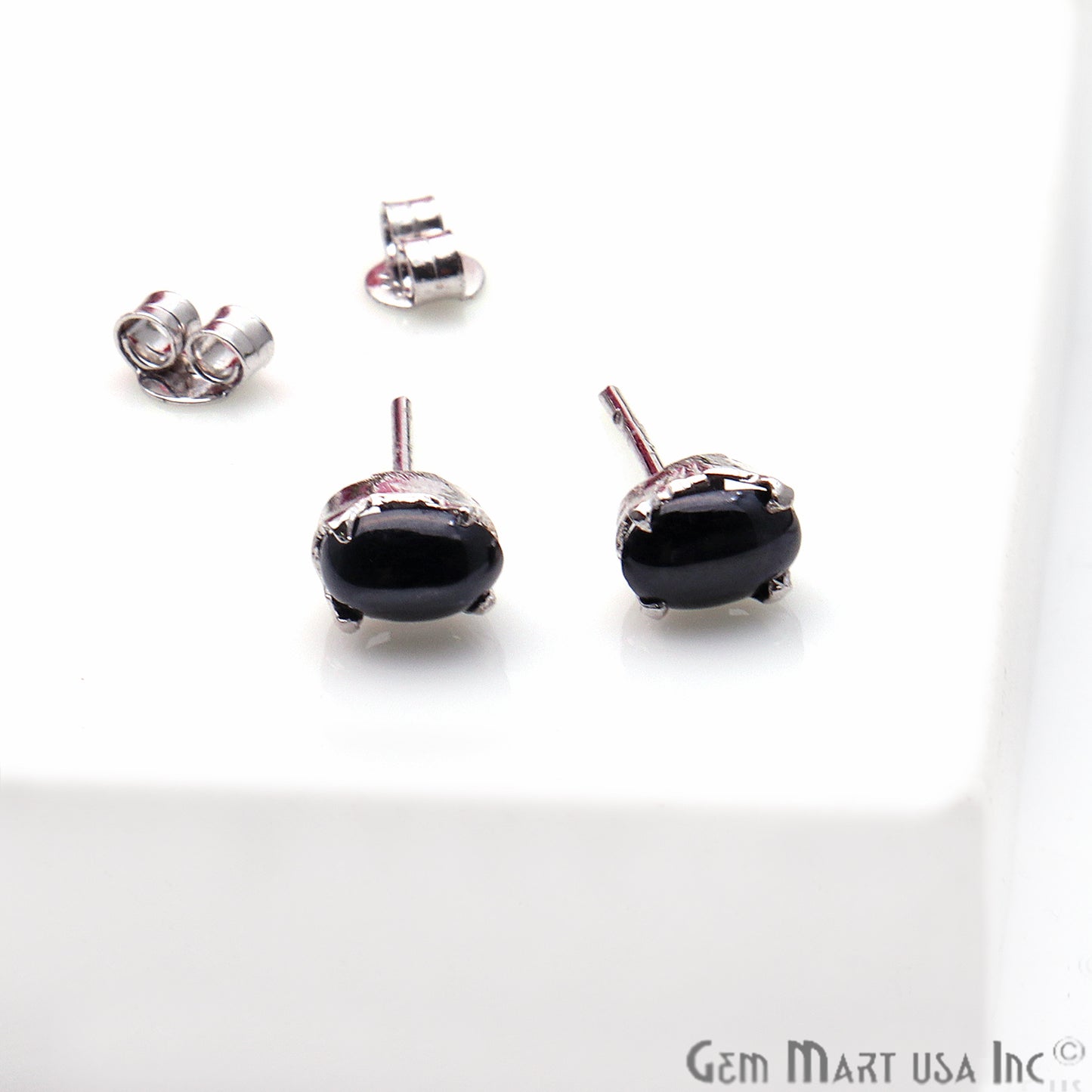 Black Sapphire 6x4mm Sterling Silver Oval Shape Prong Setting Stud Earring - GemMartUSA
