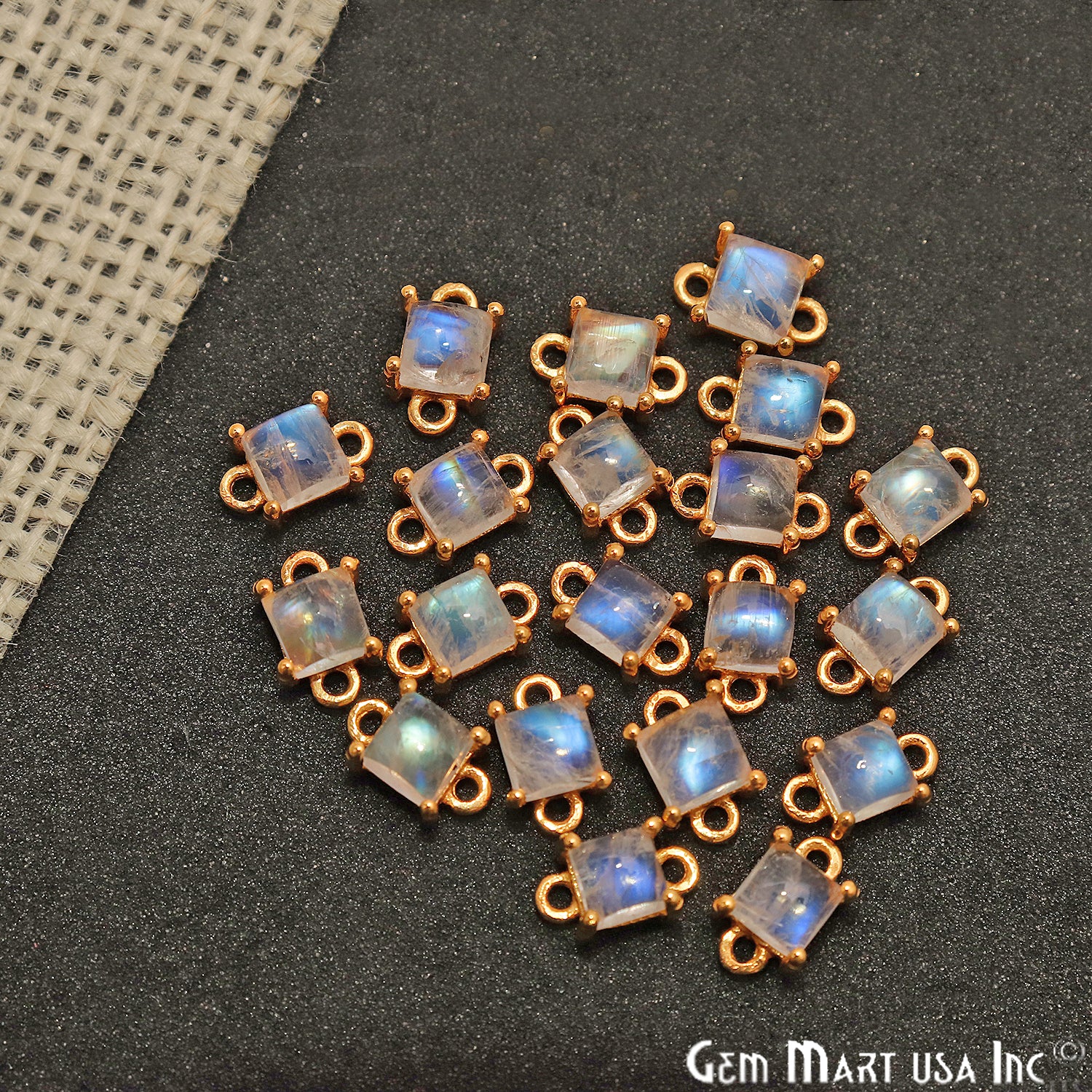 Rainbow Moonstone Cabochon Square Prong Gold Plated Bail Connector - GemMartUSA
