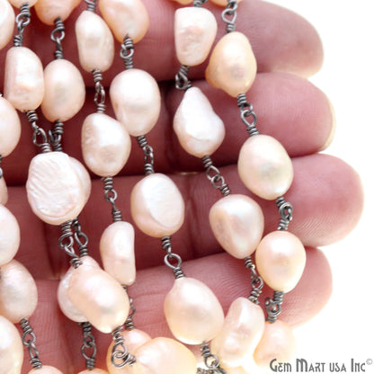 Pink Pearl Free Form Beads 6-8mm Oxidized Wire Wrapped Rosary Chain