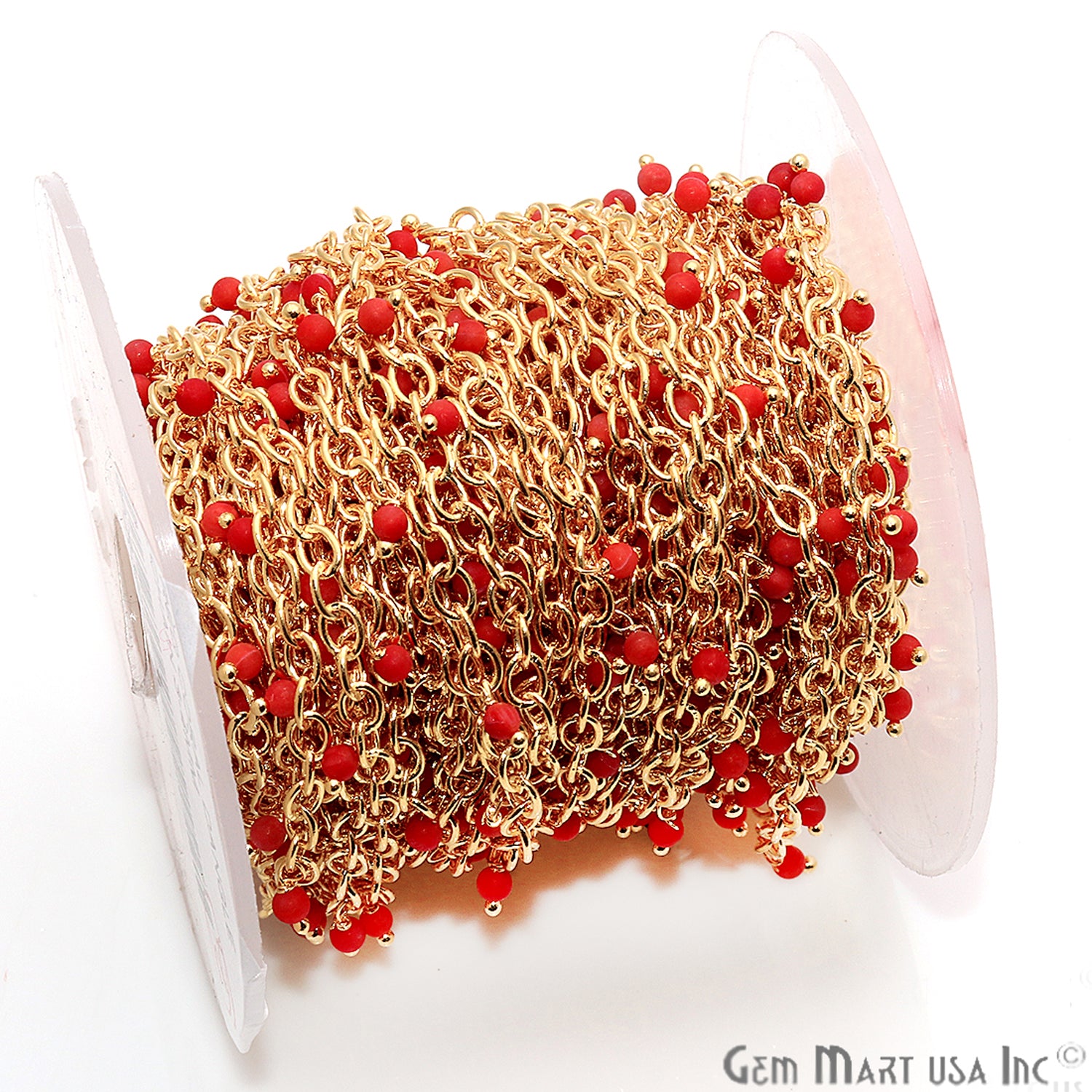 Red Coral Faceted Beads Gold Wire Wrapped Cluster Rosary Chain - GemmartUSA