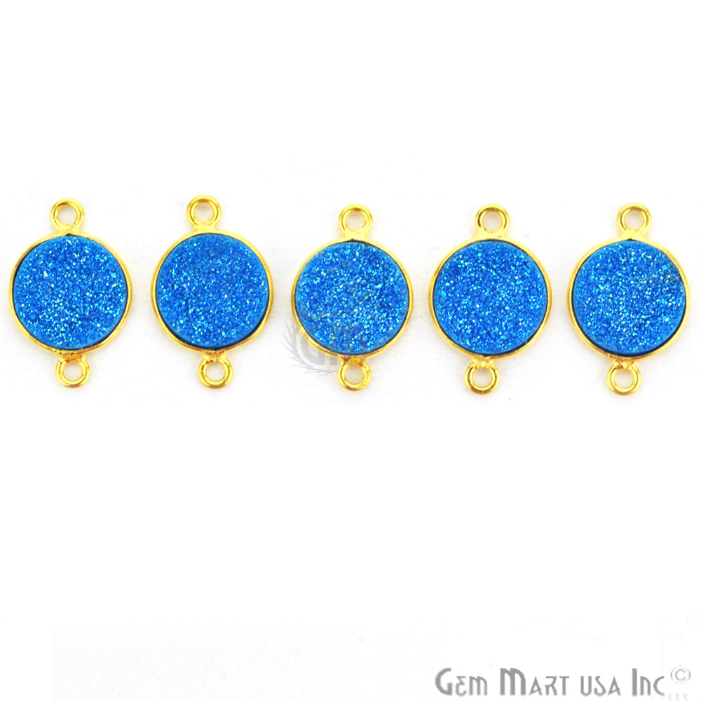 Blue Synthetic Faux Druzy Round 10mm Double Bail Gold Plated Connector - GemMartUSA