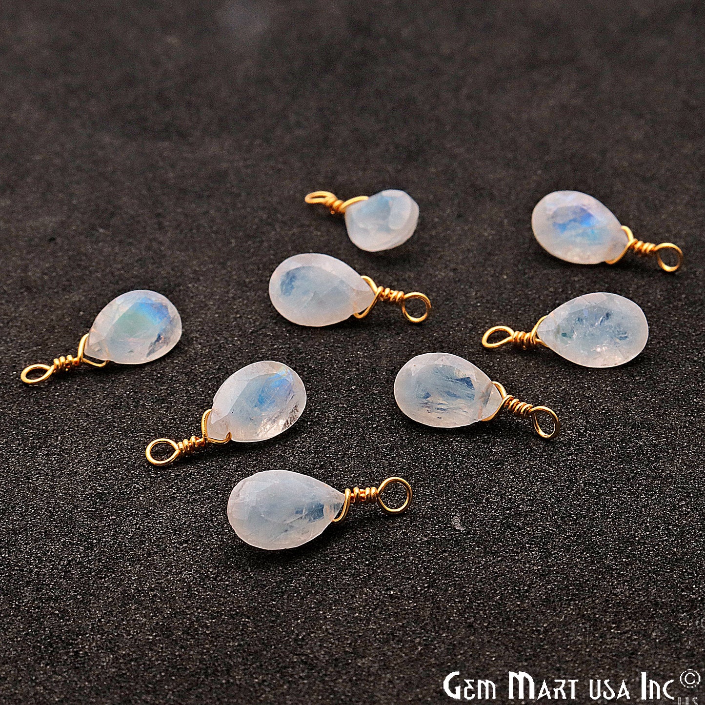 Rainbow Moonstone 6x9mm Pears Single Bail Gold Wire Wrapped Gemstone Connector - GemMartUSA