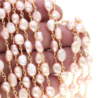 Pink Pearl Nugget Beads 10-15mm Gold Plated Wire Wrapped Rosary Chain