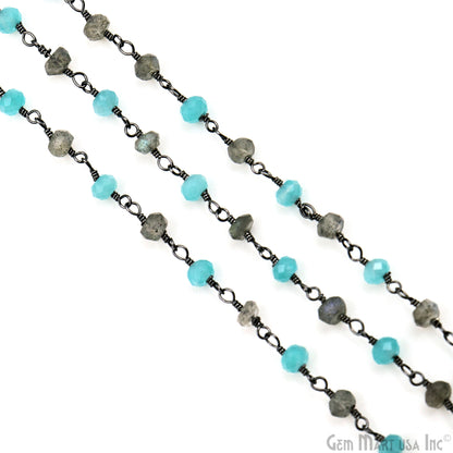 Aqua Chalcedony & Labradorite Faceted Beads 3-3.5mm Oxidized Gemstone Rosary Chain