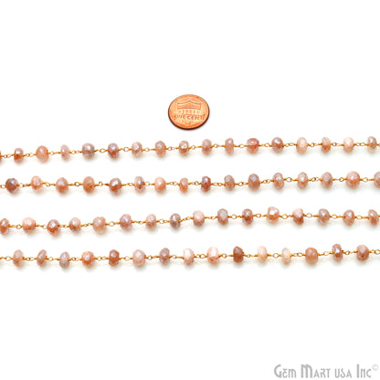 Peach Moonstone 6-7mm Gold Wire Wrapped Rondelle Faceted Bead Rosary Chain