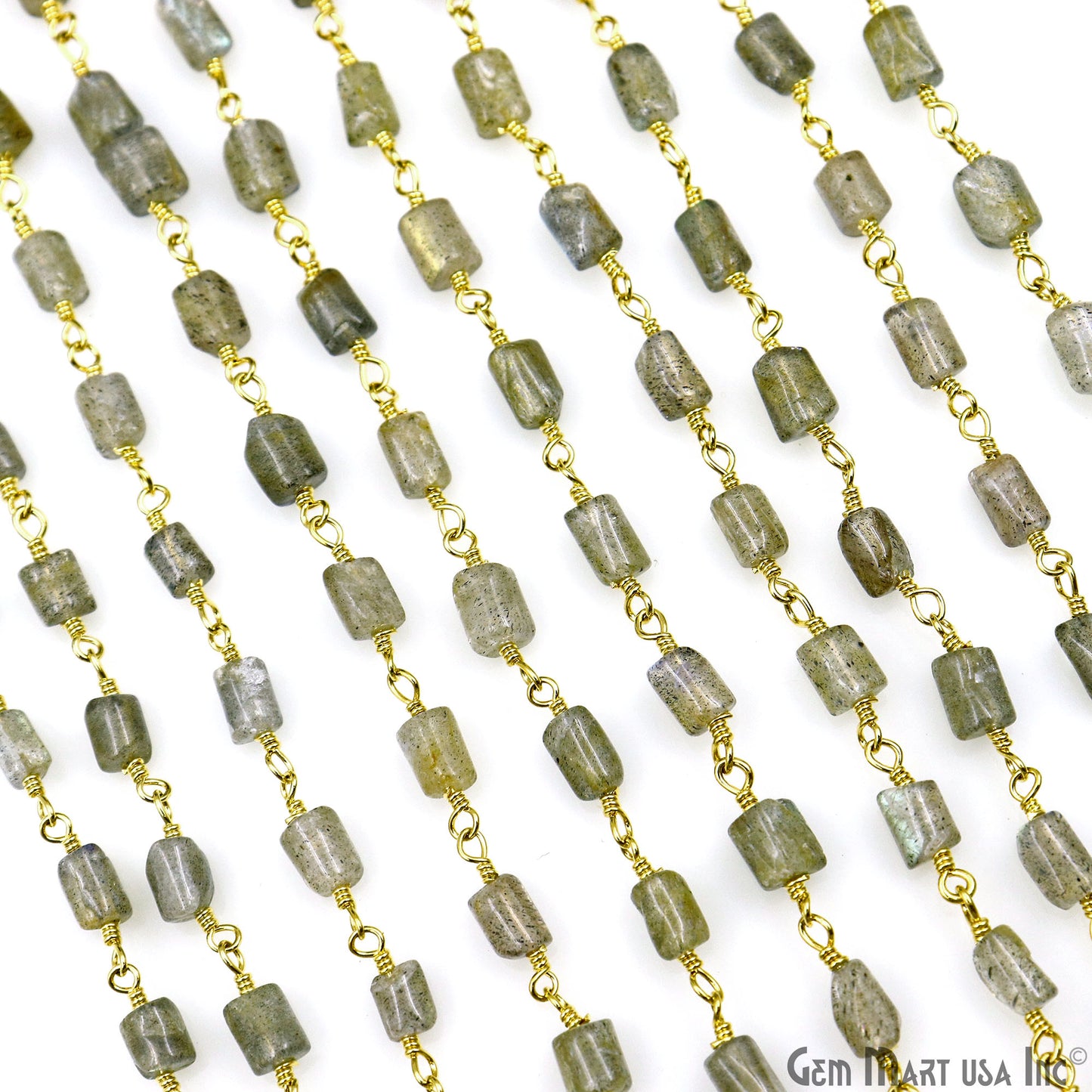 Labradorite Cabochon Tumble Beads 10x5mm Gold Plated Wire Wrapped Rosary Chain