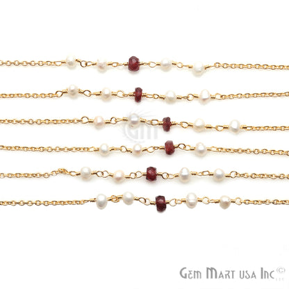 Garnet & Pearl Multi Gemstone Beaded Gold Wire Wrapped Rosary Chain