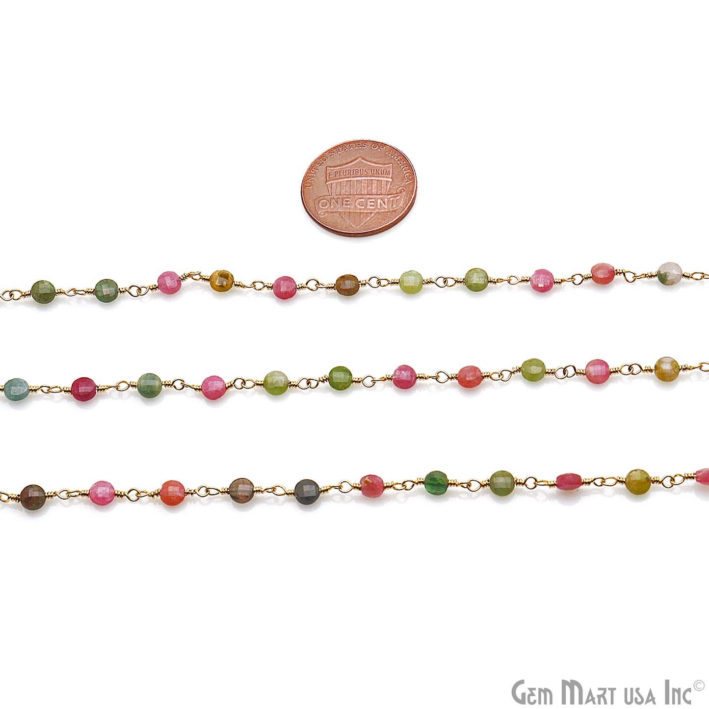 Multi Tourmaline Faceted 3-4mm Gold Wire Wrapped Rosary Chain - GemMartUSA