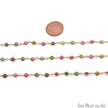 Multi Tourmaline Faceted 3-4mm Gold Wire Wrapped Rosary Chain - GemMartUSA