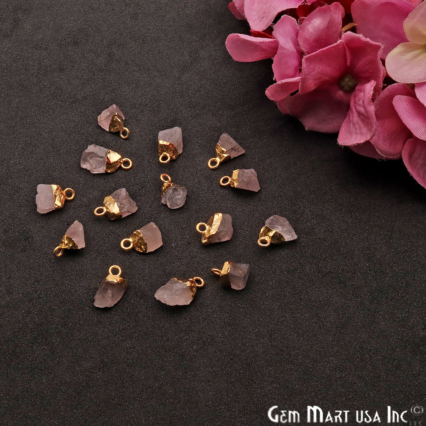 Rough Rose Quartz Organic 18x11mm Single Bail Gold Electroplated Gemstone Connector - GemMartUSA