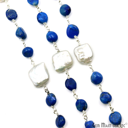 Lapis Tumble Beads 8x5mm & Pearl 12mm Beads Silver Plated Rosary Chain