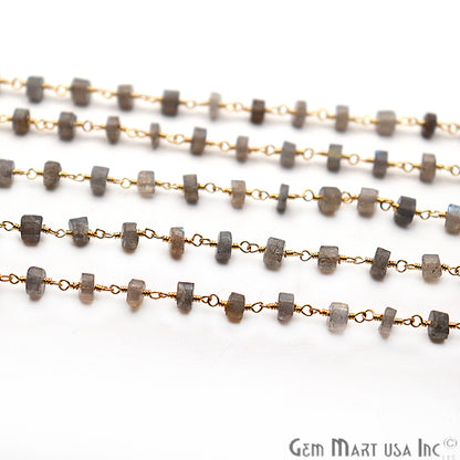 Labradorite Tyre Shape Beads Gold Plated Gemstone Beaded Wire Wrapped Rosary Chain - GemMartUSA