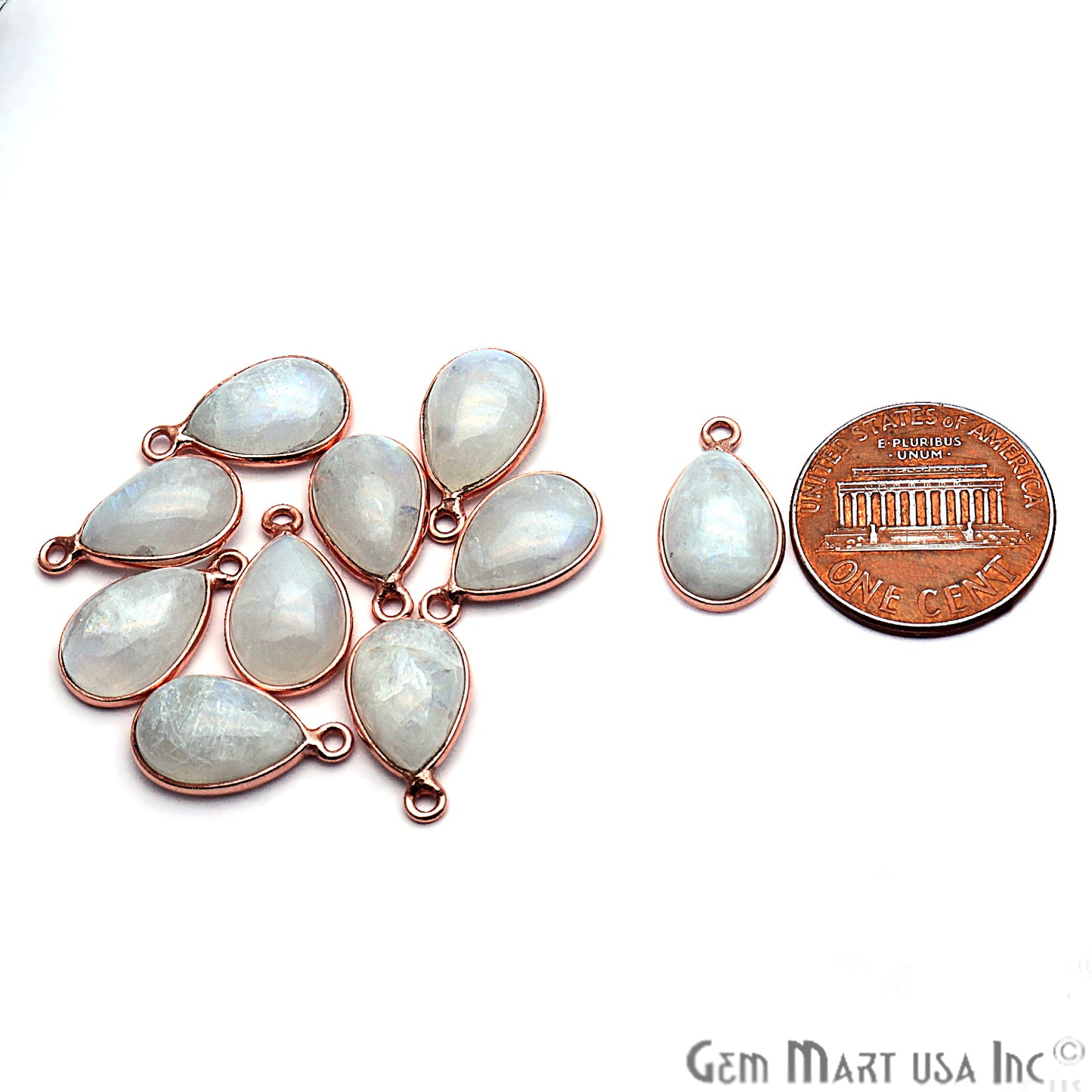 Rainbow Moonstone Cabochon Pear 8x12mm Rose Gold Bezel Connector - GemMartUSA