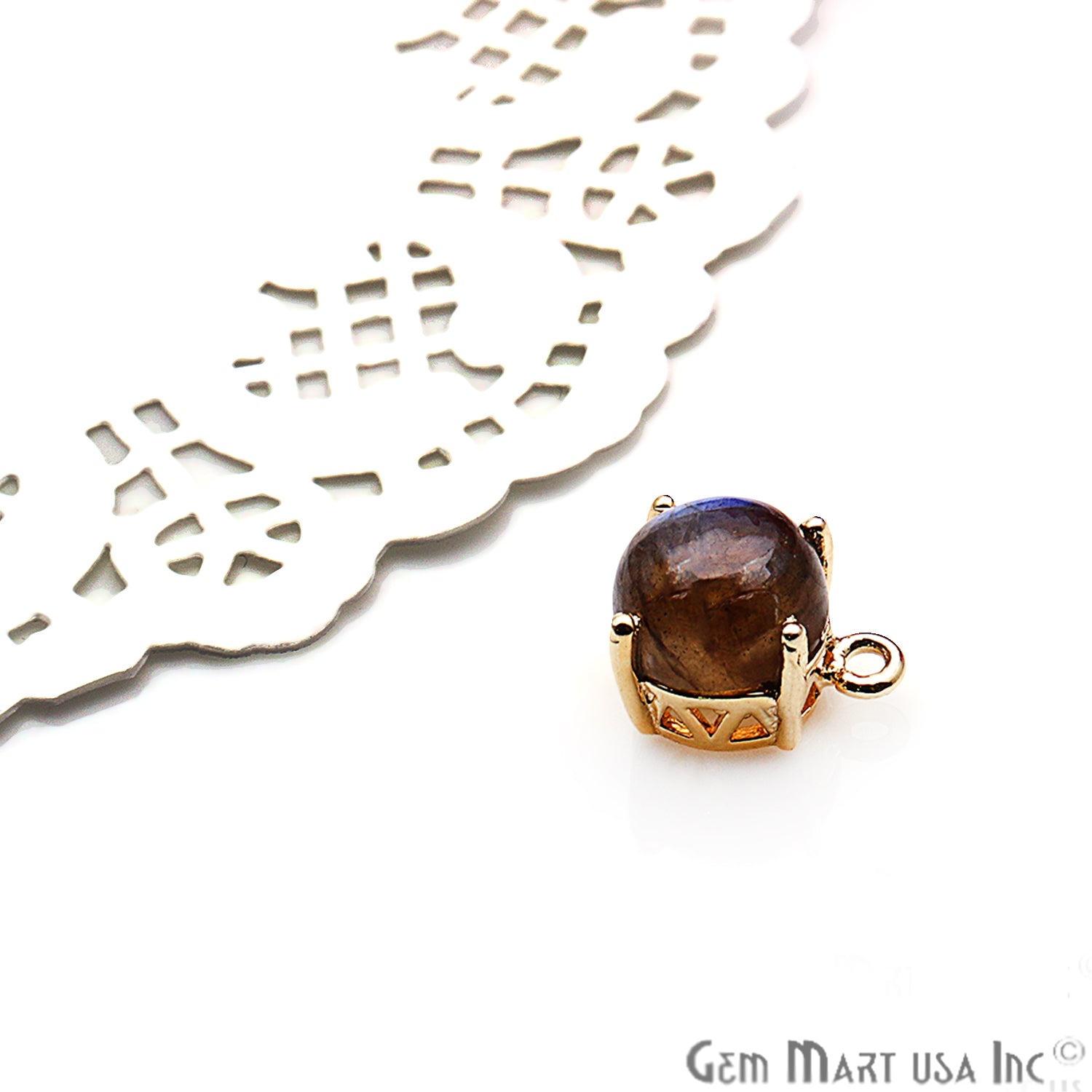 Labradorite 12x8mm Round Gold Plated Prong Setting Cabochon Connector - GemMartUSA