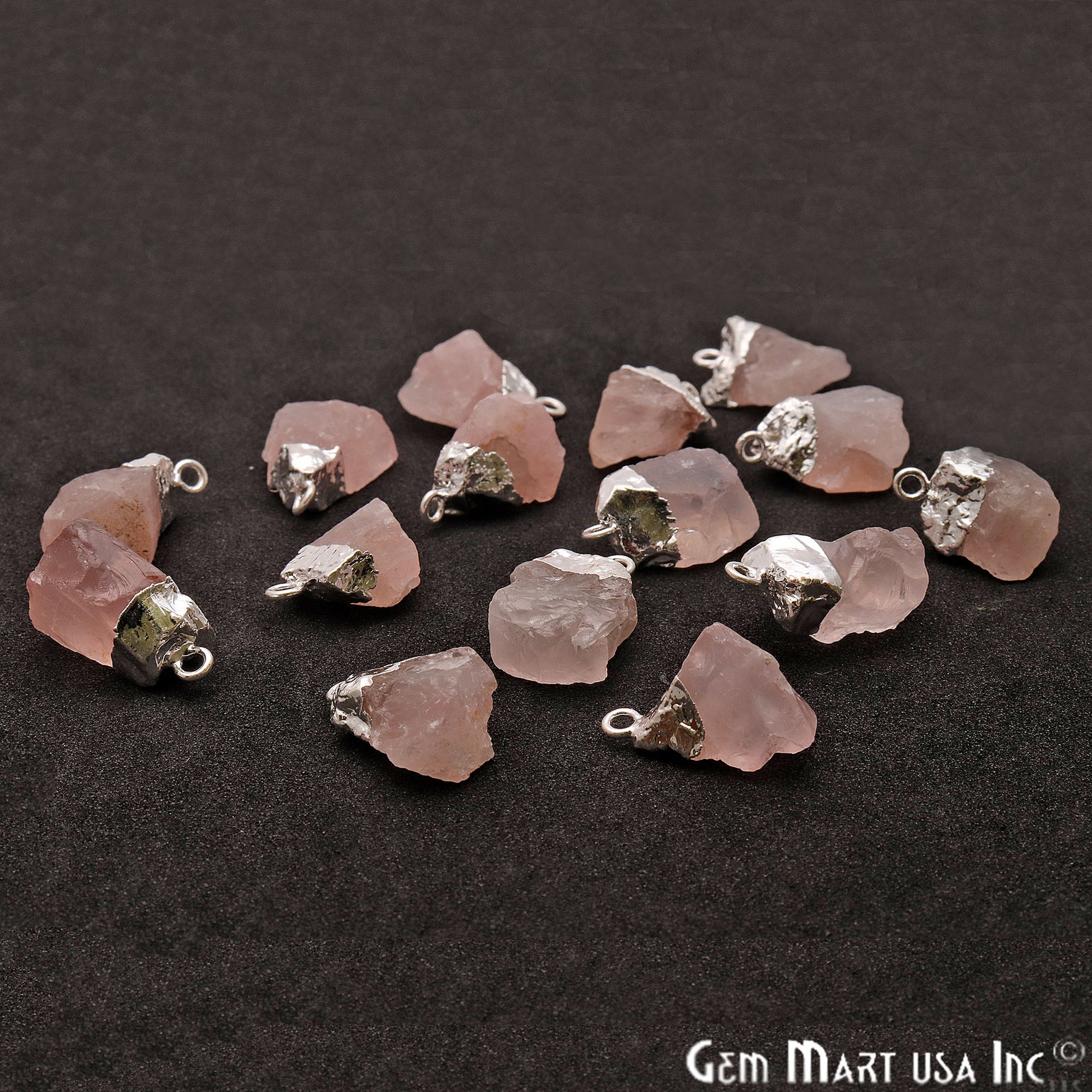 Rough Rose Quartz Organic 22x15mm Silver Electroplated Pendant Connector - GemMartUSA