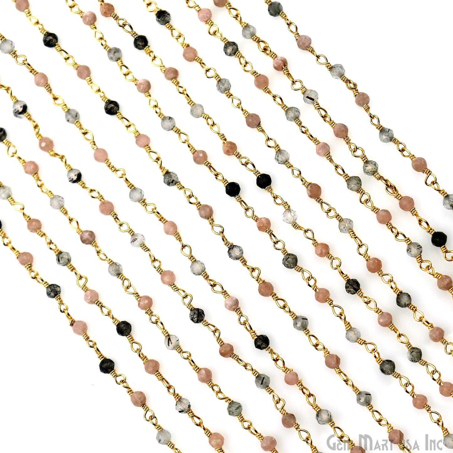 Rhodochrosite & Rutilated 2-2.5mm Tiny Beads Gold Plated Wire Wrapped Rosary Chain