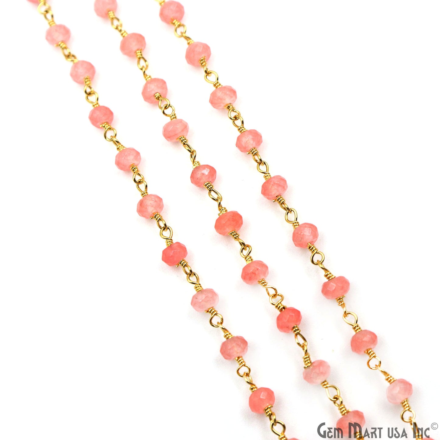 Pink Sunstone Jade Faceted Beads 4mm Gold Plated Gemstone Rosary Chain