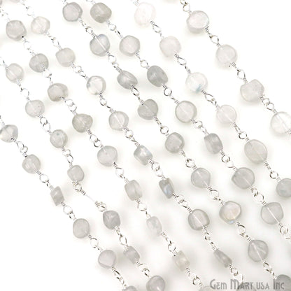 Rainbow Moonstone Faceted Coin Shape 3-4mm Silver Wire Wrapped Rosary Chain