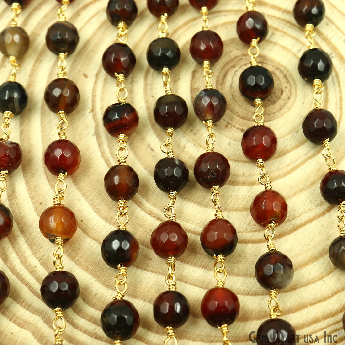 Dark Carnelian Jade Faceted 8mm Gold Plated Wire Wrapped Rosary Chain