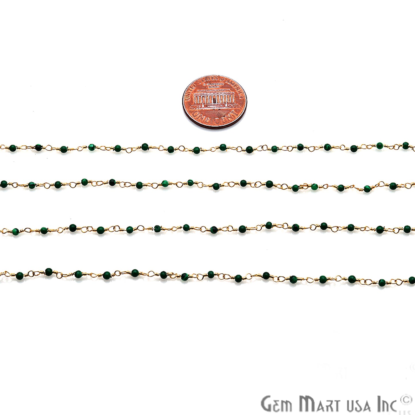 Malachite Gemstone 2mm Gold Wire Wrapped Vintage Beaded Rosary Chain - GemMartUSA