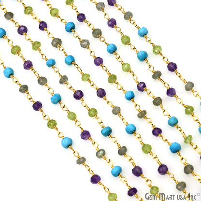 Multistone 3-3.5mm Gold Plated Beaded Wire Wrapped Rosary Chain