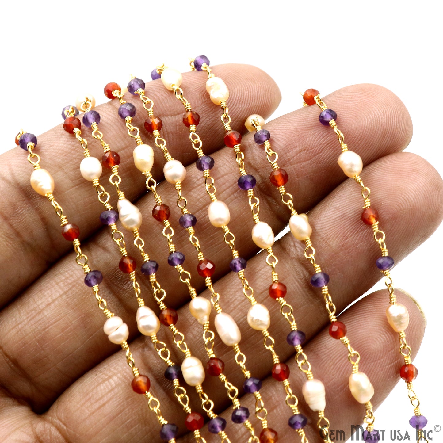 Multistone Faceted Beads With Pearl 3-3.5mm Gold Plated Wire Wrapped Beads Rosary Chain