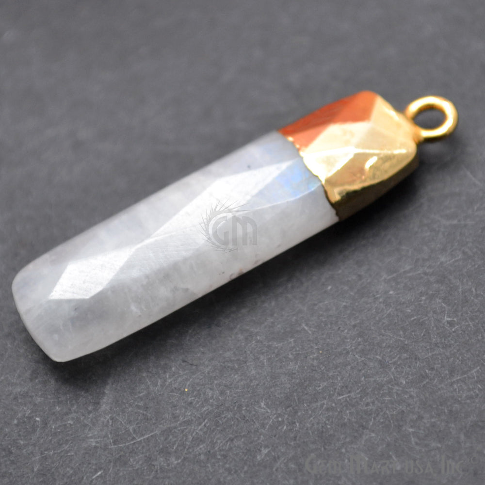 Rainbow Moonstone Rectangle 8x32mm Gold Electroplated Single Bail Gemstone Connector - GemMartUSA