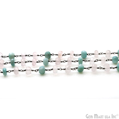 Rose Quartz With Amazonite Rondelle Beads Oxidized Wire Wrapped Rosary Chain