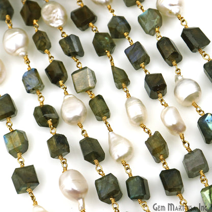 Labradorite With Pearl Freeform Shape Gold Plated Wire Wrapped Beads Rosary Chain