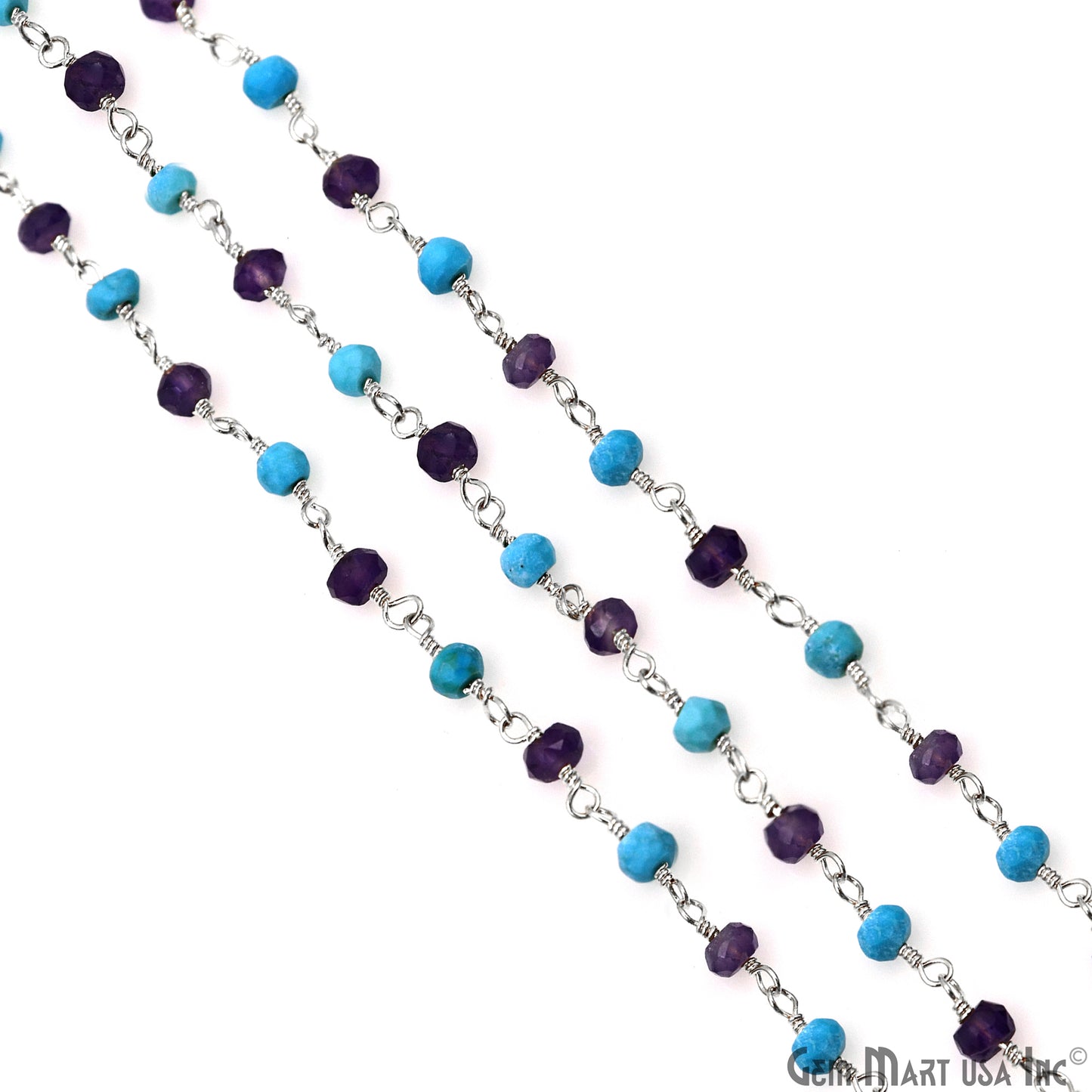 Amethyst & Turquoise 3-3.5mm Silver Plated Beaded Wire Wrapped Rosary Chain