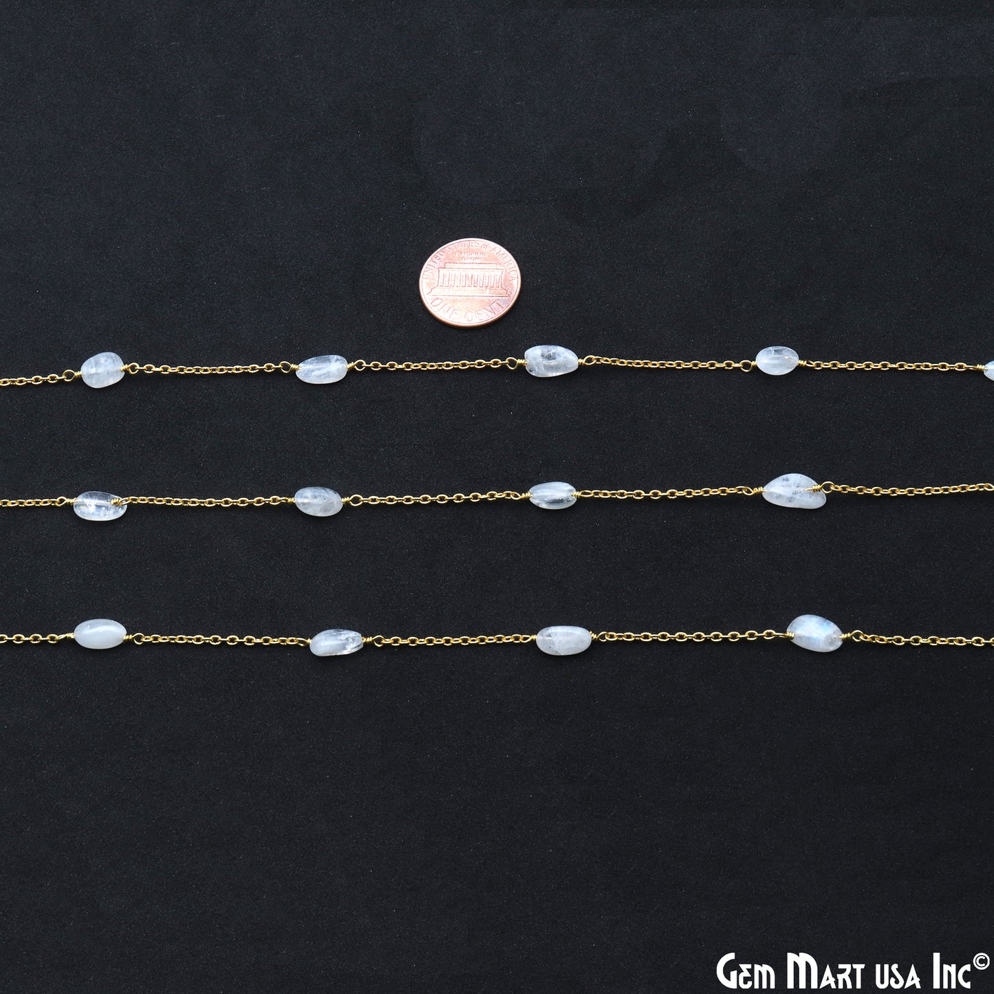 Rainbow Moonstone Tumble Beads 10x6mm Gold Wire Wrapped Rosary Chain