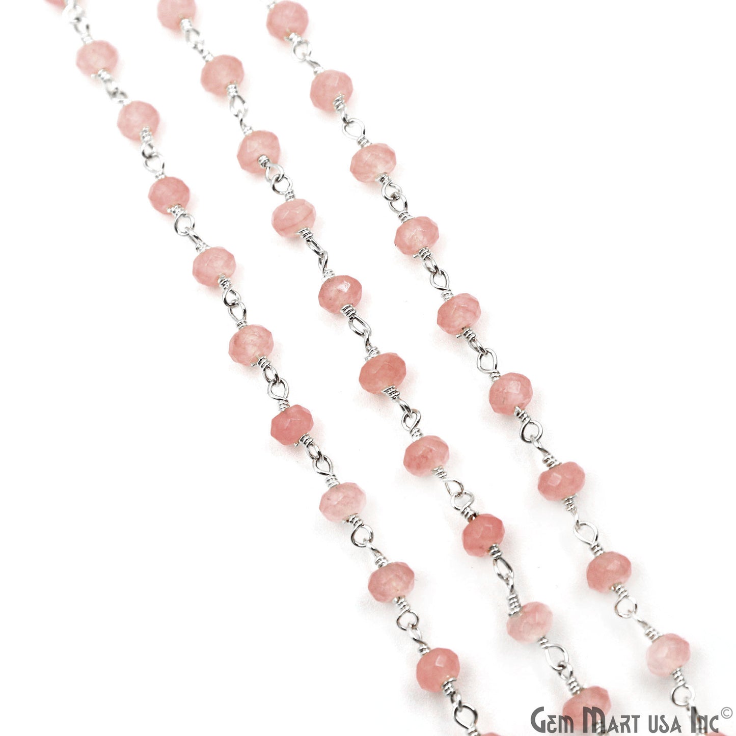 Pink Sunstone Jade Faceted Beads 4mm Silver Plated Gemstone Rosary Chain