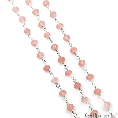 Pink Sunstone Jade Faceted Beads 4mm Silver Plated Gemstone Rosary Chain