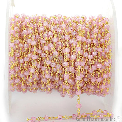 Pink Zircon Faceted 2.5-3mm Gold Plated Wire Wrapped Beads Rosary Chain (763649523759)