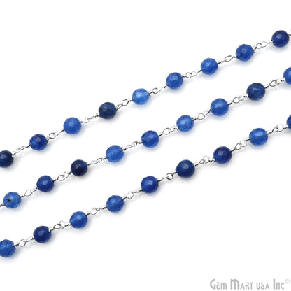 Blue Jade Faceted 6mm Silver Wire Wrapped Rosary Chain